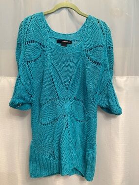 Denim&Co Teal Open-Knit Pullover
